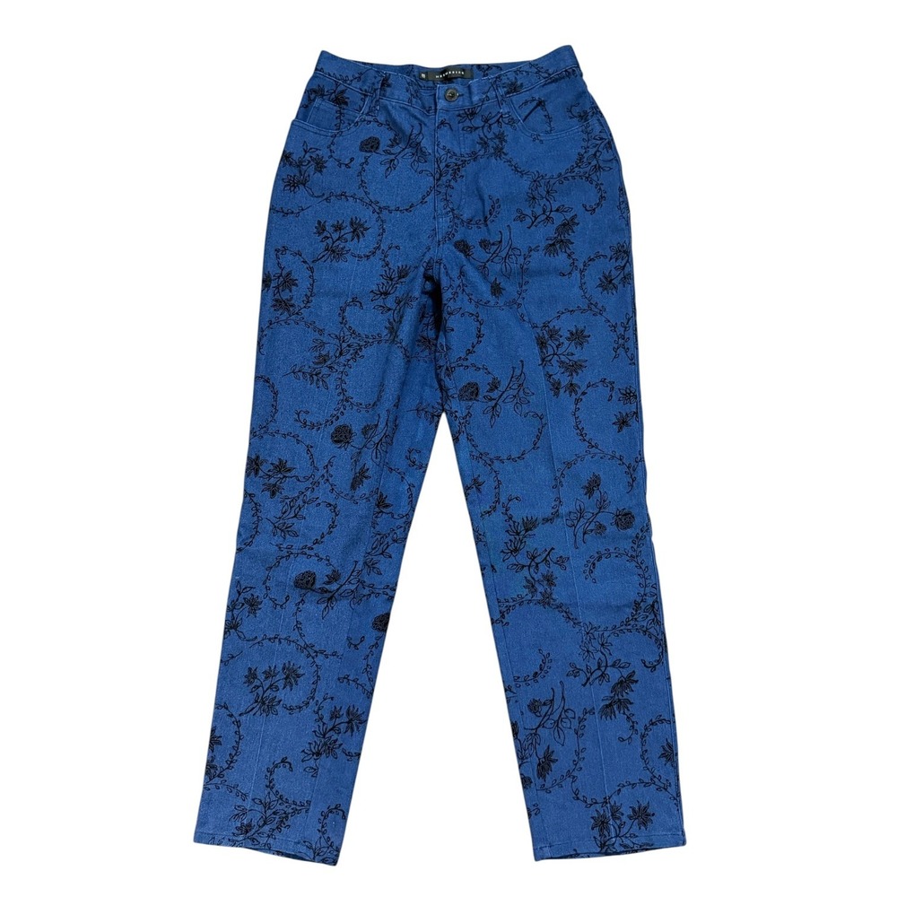 Mesmerize Vintage Boho Blue Black Floral Flocked High Rise Straight Leg Pants 10